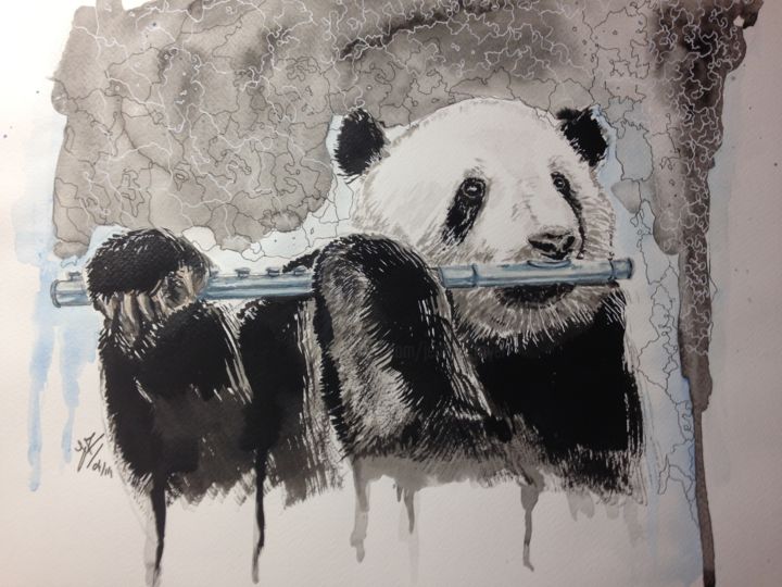 Painting titled "flute panda.jpg" by Jérôme Royer, Original Artwork, Watercolor