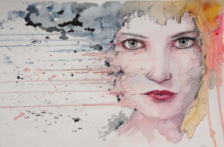 Painting titled "matrix failure" by Jérôme Royer, Original Artwork, Watercolor