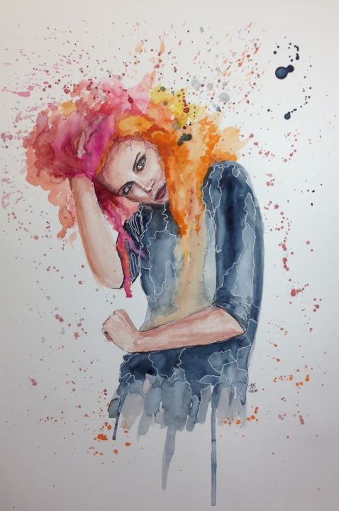 Painting titled "femme-2" by Jérôme Royer, Original Artwork, Watercolor