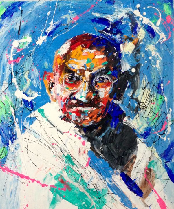 Malarstwo zatytułowany „Gandhi” autorstwa Jérôme Royer, Oryginalna praca, Akryl