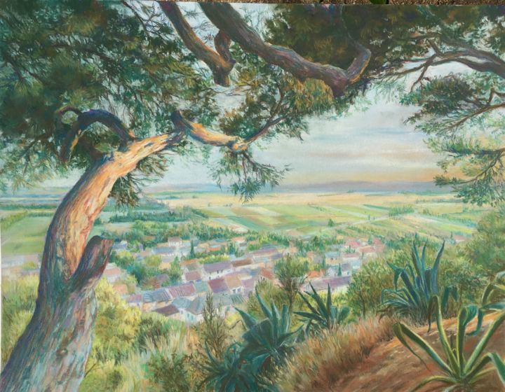 Peinture intitulée "La plaine d'Aramon…" par Jérôme Cambra, Œuvre d'art originale, Pastel Monté sur Carton