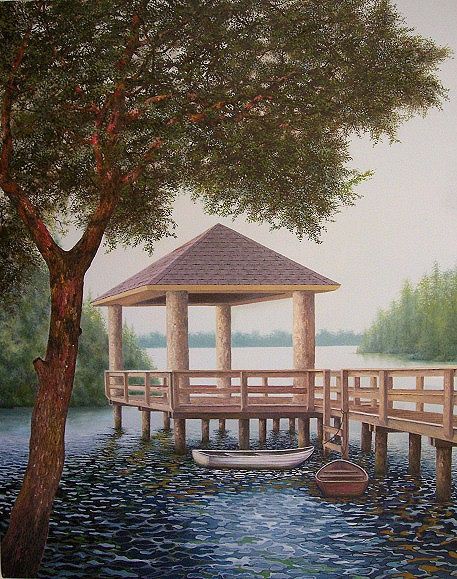 Painting titled "Riverfront Retreat" by Jerry Sauls, Original Artwork, Oil