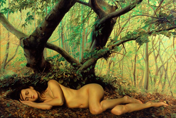 Painting titled "Bella Addormentata" by Gustavo Palumbo (Jervé), Original Artwork, Oil Mounted on Wood Stretcher frame