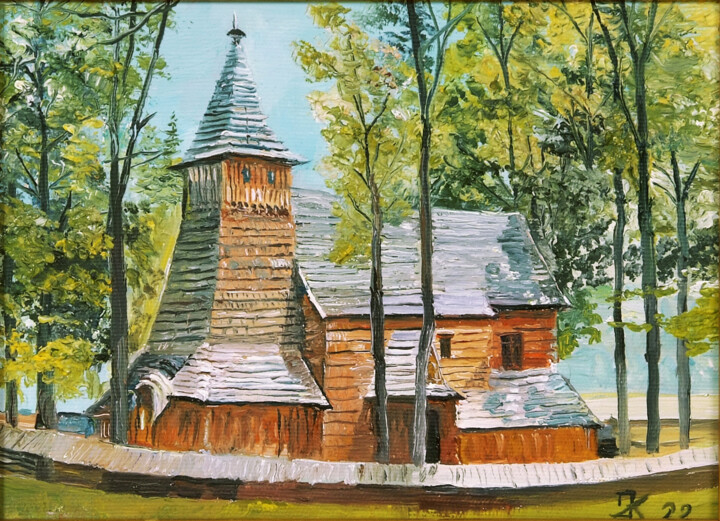Schilderij getiteld "Kosciolek - miniatu…" door Jerzy Kosinski, Origineel Kunstwerk, Olie Gemonteerd op Frame voor houten br…
