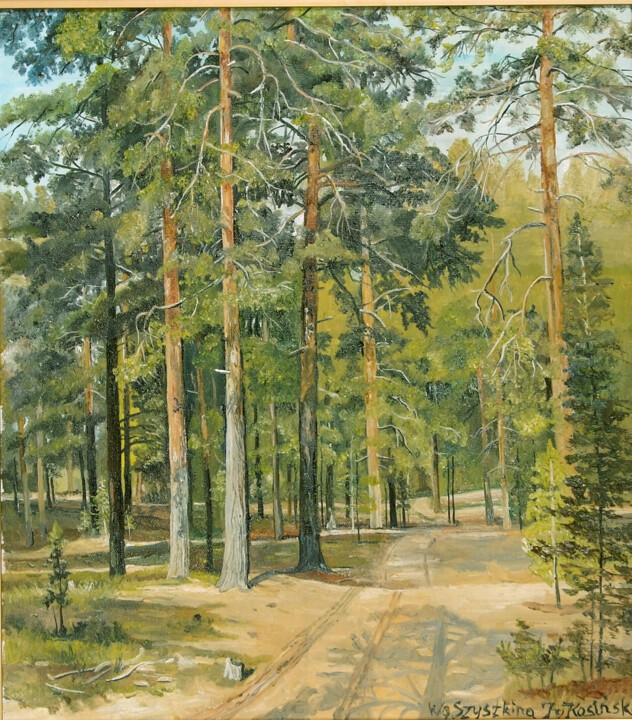 Painting titled "Droga w lesie" by Jerzy Kosinski, Original Artwork, Oil Mounted on Wood Stretcher frame