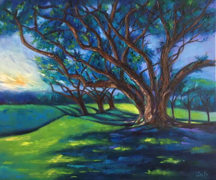 제목이 "Early dawn through…"인 미술작품 Jesline Er로, 원작, 기름 나무 들것 프레임에 장착됨