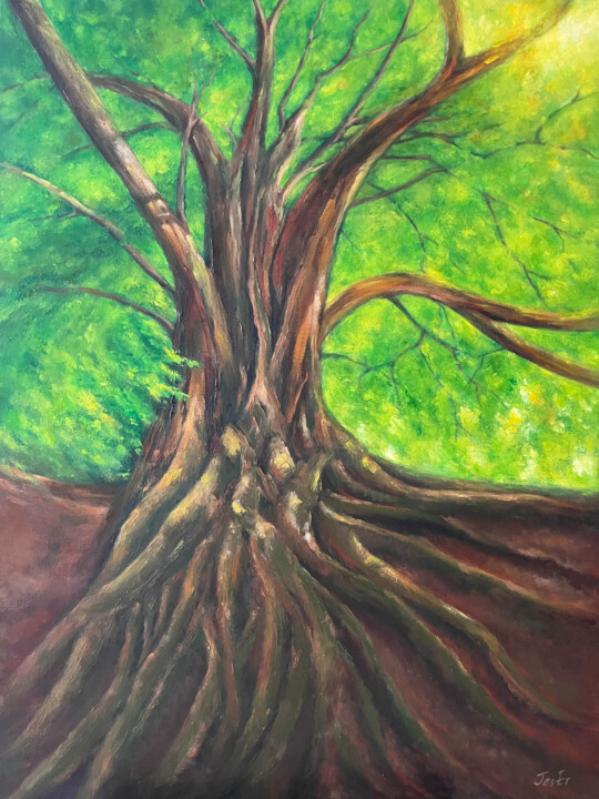 Painting titled "Evergreen" by Jesline Er, Original Artwork, Oil Mounted on Wood Stretcher frame
