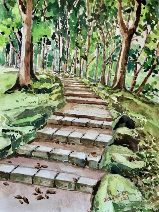 Painting titled "One step at a time…" by Jesline Er, Original Artwork, Watercolor
