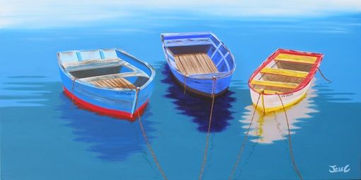 Peinture intitulée "Barques colorées" par Jessc, Œuvre d'art originale, Huile
