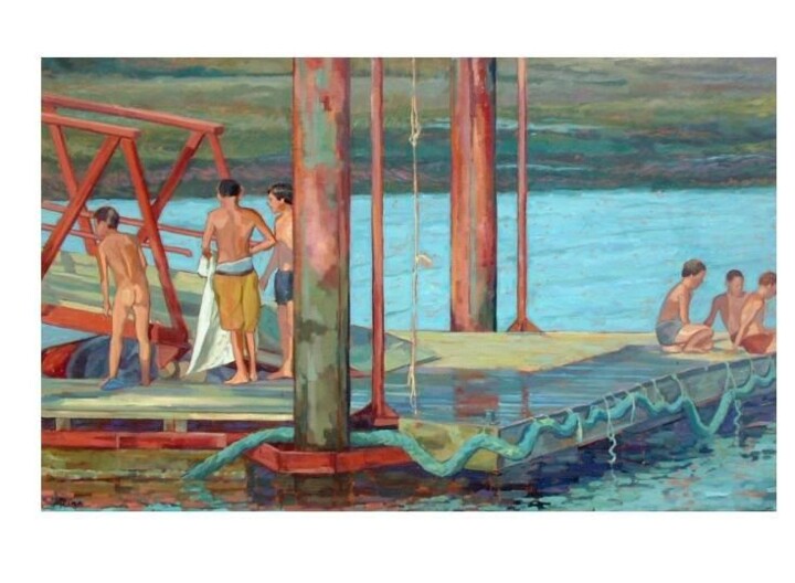 Painting titled "Bathers on a Jetty" by Jessica Dunn, Original Artwork, Oil