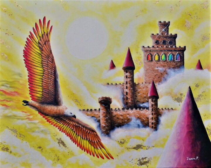 Peinture intitulée "Le maître du ciel" par Jessie Poitras (La Panthère Blanche JP), Œuvre d'art originale, Huile Monté sur C…