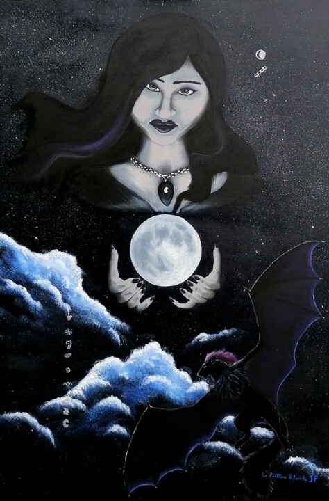 Painting titled "Luna, l'ange de la…" by Jessie Poitras (La Panthère Blanche JP), Original Artwork, Oil Mounted on Wood Stre…