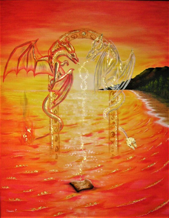 Peinture intitulée "Le portail du Soleil" par Jessie Poitras (La Panthère Blanche JP), Œuvre d'art originale, Huile Monté su…