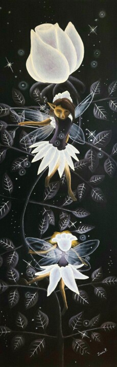 Peinture intitulée "Les fées et la rose" par Jessie Poitras (La Panthère Blanche JP), Œuvre d'art originale, Huile Monté sur…