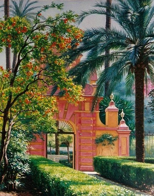 Malarstwo zatytułowany „Alcázar de Sevilla” autorstwa Jesús Fernández, Oryginalna praca, Olej