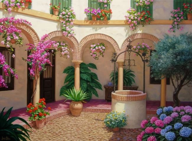 Painting titled "Patio andaluz con p…" by Jesús Fernández, Original Artwork, Oil