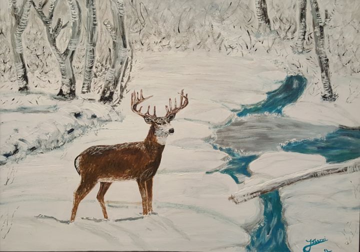 Pittura intitolato "Deer on the snow la…" da J. Sherri, Opera d'arte originale, Acrilico