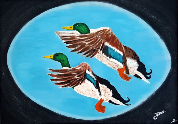 Peinture intitulée "Duck's flying !" par J. Sherri, Œuvre d'art originale, Acrylique