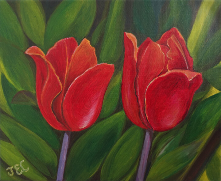 Painting titled "Tulips" by Jeudi Lee, Original Artwork, Acrylic Mounted on Wood Stretcher frame