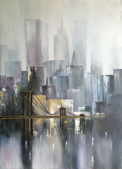 Painting titled "Evening New York" by Jevika, Original Artwork, Acrylic