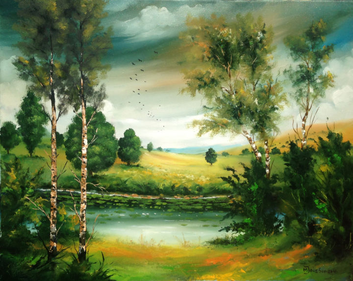 Schilderij getiteld "Trees at the lake /…" door Jewels Wolf, Origineel Kunstwerk, Olie