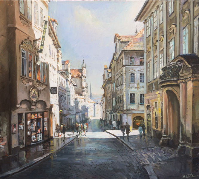「Улица старого города」というタイトルの絵画 Michael Slutskerによって, オリジナルのアートワーク, オイル