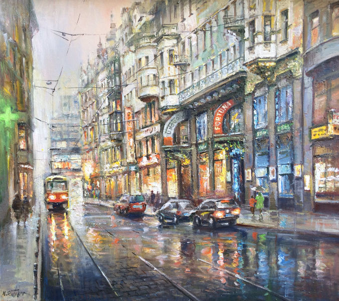 Painting titled "Городской мотив" by Michael Slutsker, Original Artwork, Oil