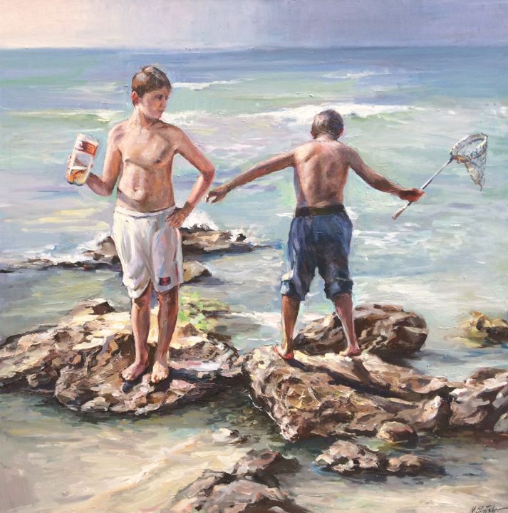 Painting titled "дети на берегу моря" by Michael Slutsker, Original Artwork, Oil
