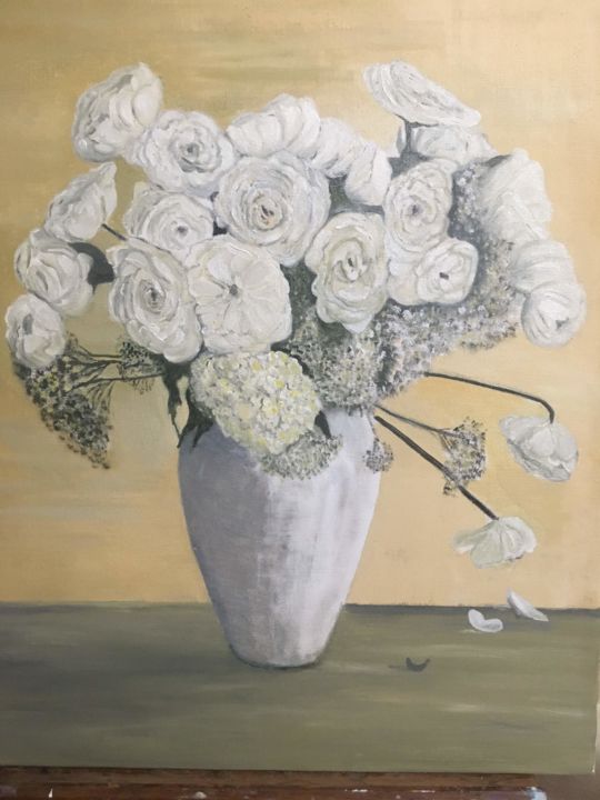Malerei mit dem Titel "les roses blanches" von Jean-Francois Jehl, Original-Kunstwerk, Öl Auf artwork_cat. montiert