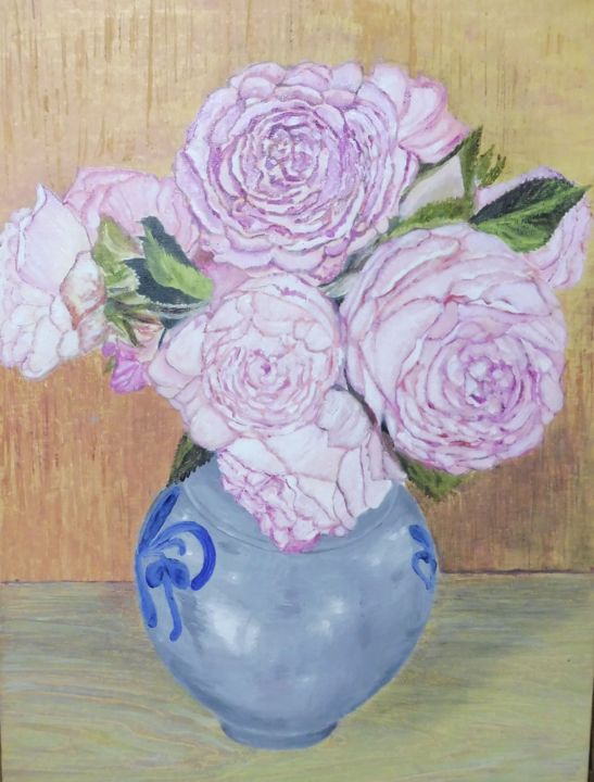 Peinture intitulée "Les roses pivoines" par Jean-Francois Jehl, Œuvre d'art originale, Huile Monté sur Carton