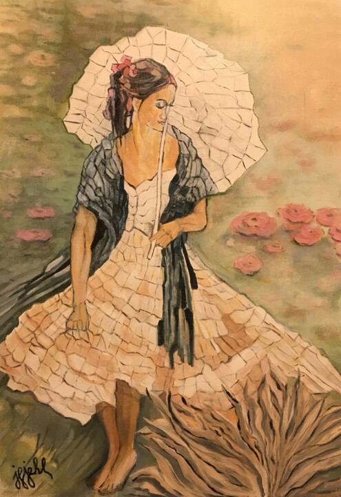 Malerei mit dem Titel "femme à l'ombrelle" von Jean-Francois Jehl, Original-Kunstwerk, Öl