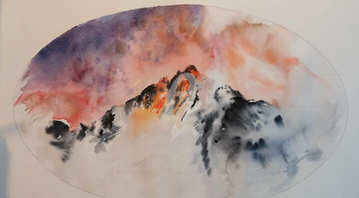 Painting titled "CUMBRE ARDIENDO" by Julio Gimėnez, Original Artwork, Watercolor Mounted on Glass