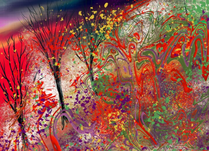 Digitale Kunst getiteld "Les arbres flamboya…" door Jean-Henri Colleye, Origineel Kunstwerk, Digitaal Schilderwerk