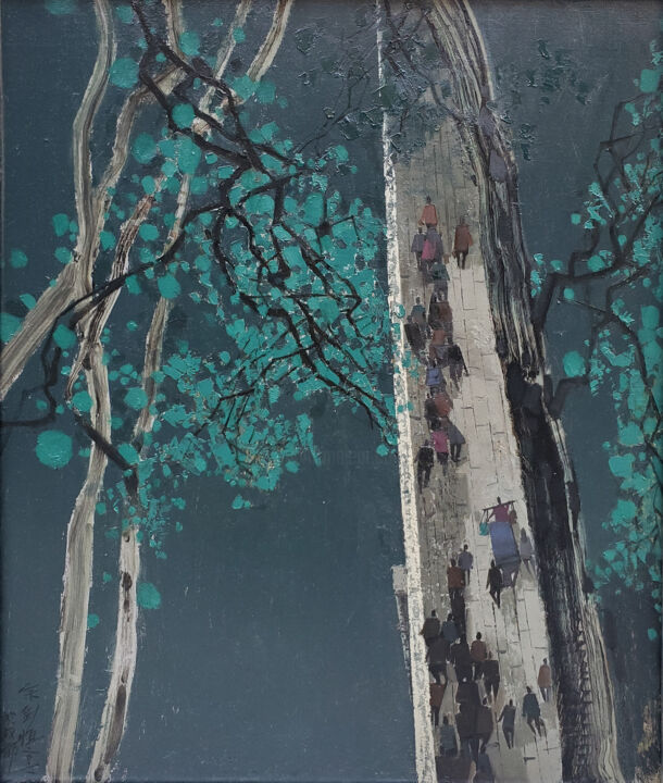 Malerei mit dem Titel "乡音系列—桥上风景" von Jianheng Yu, Original-Kunstwerk, Öl