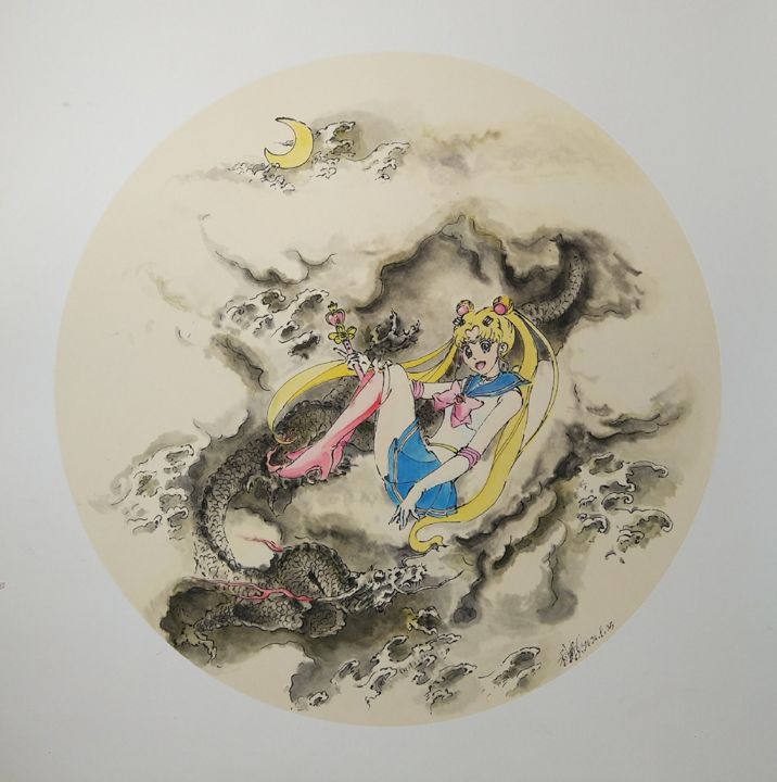 Painting titled "美少女战士与龙" by Jianxing Li, Original Artwork, Watercolor