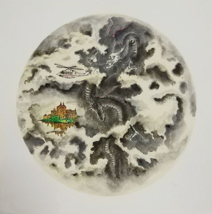 Ζωγραφική με τίτλο "致敬宫崎骏~天空之城" από Jianxing Li, Αυθεντικά έργα τέχνης, Ακουαρέλα Τοποθετήθηκε στο Χαρτόνι