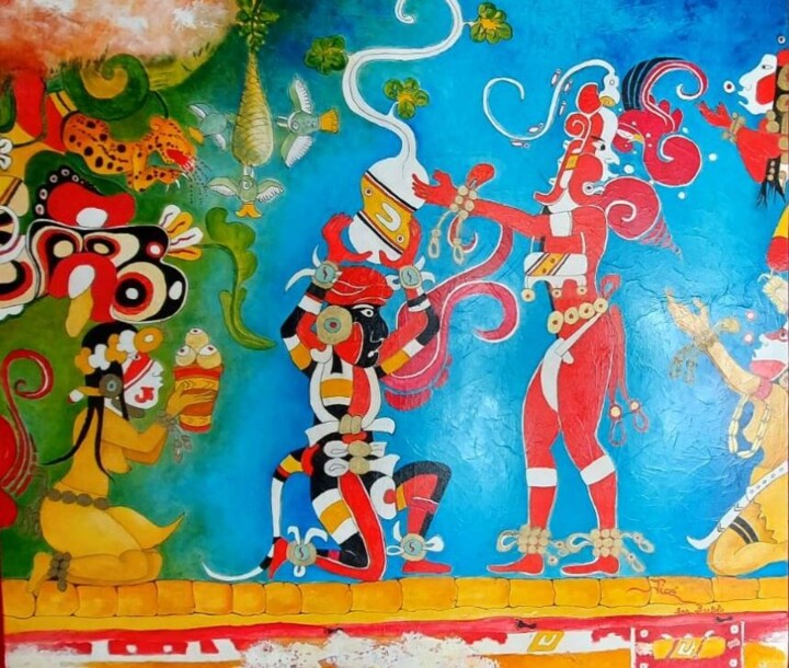 「Murale Maya découve…」というタイトルの絵画 Jean-Claude Waelput (Jicé)によって, オリジナルのアートワーク, オイル