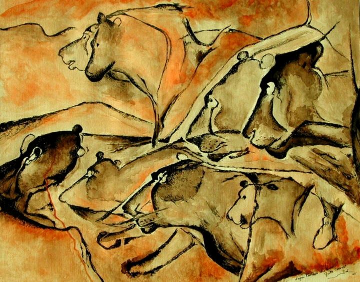 「GROTTE CHAUVET - Pa…」というタイトルの絵画 Jean-Claude Waelput (Jicé)によって, オリジナルのアートワーク, 水彩画 ウッドパネルにマウント