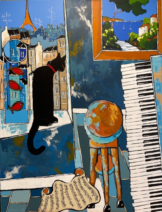 Painting titled "Black cat and Matis…" by Jiel, Original Artwork, Acrylic Mounted on Wood Stretcher frame