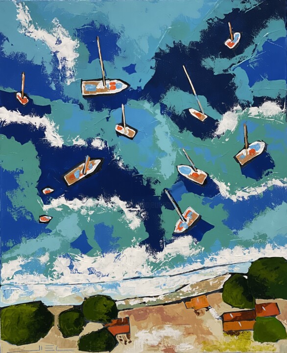 Peinture intitulée "Mediterranean lagoon" par Jiel, Œuvre d'art originale, Acrylique Monté sur Châssis en bois