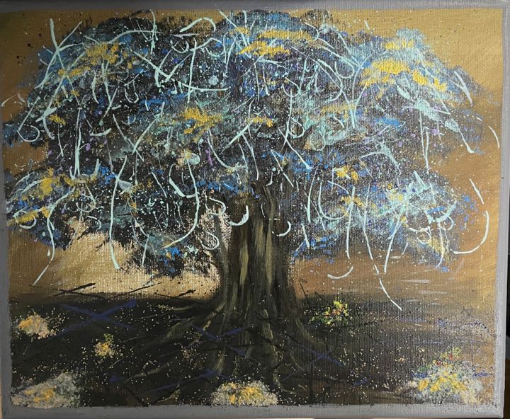 Schilderij getiteld "Trees of Gold" door Jiexin Li, Origineel Kunstwerk, Acryl Gemonteerd op Frame voor houten brancard