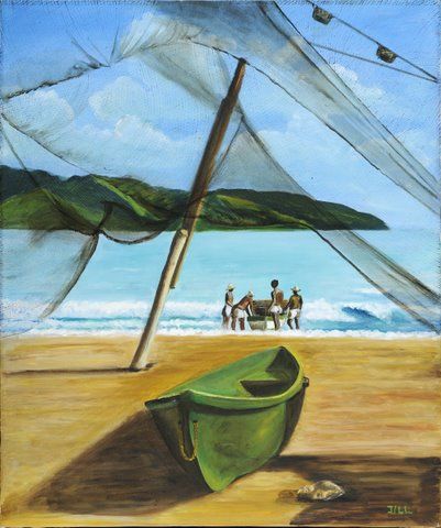 Peinture intitulée "Pêcheurs au filet" par Jill Bordes, Œuvre d'art originale, Huile