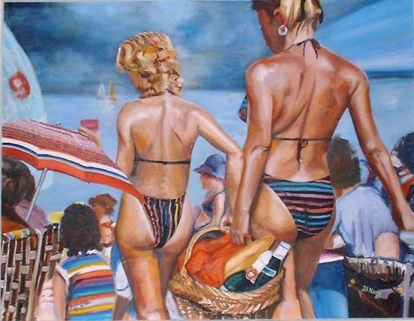 Painting titled "Beach Picnic" by Jill Nassau, Original Artwork, Oil