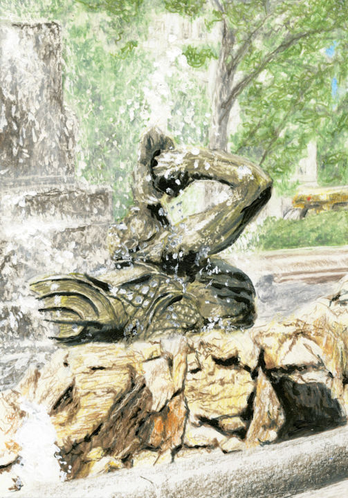 Painting titled "Merman in Fountain,…" by Jim Fischer, Original Artwork, Conté