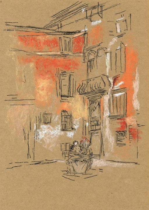 Painting titled "Venetian Courtyard I" by Jim Fischer, Original Artwork, Pastel