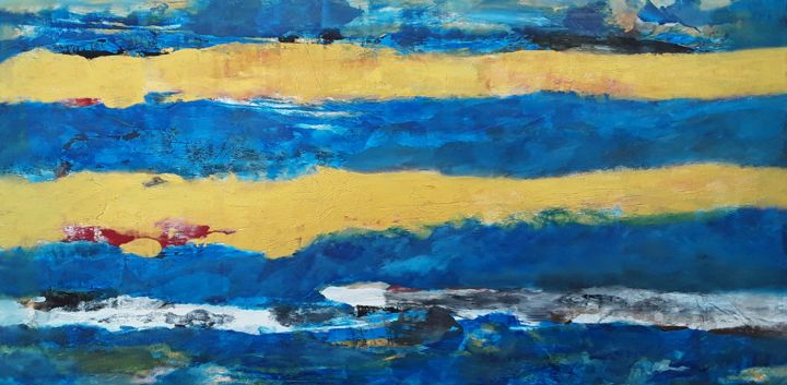 Painting titled "Abstract Blue and G…" by Jim Richards, Original Art, Acrylic