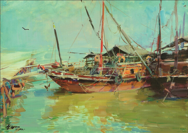Pintura intitulada "Nanhai Seashore, or…" por Jin Ming Li, Obras de arte originais, Óleo