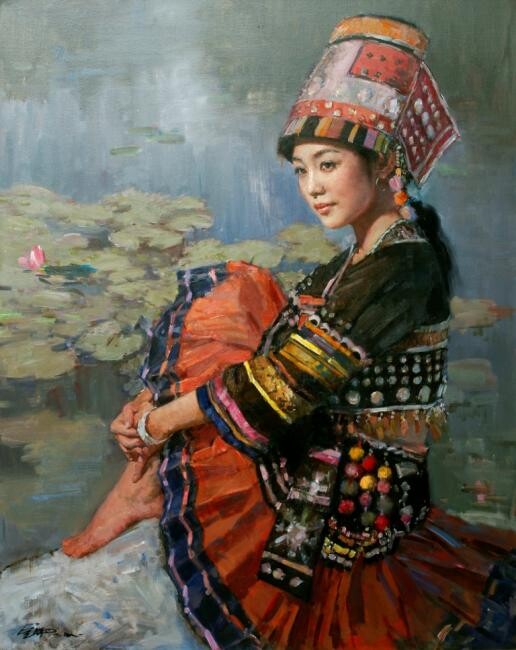 Malerei mit dem Titel "Flower of the Miao…" von Jin Ming Li, Original-Kunstwerk, Öl
