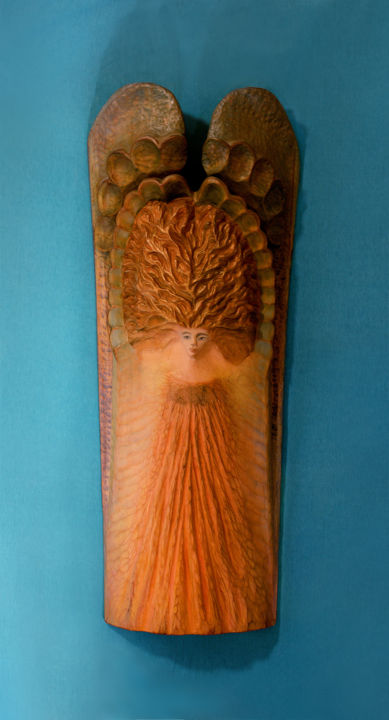 Skulptur mit dem Titel "Angel's Genesis" von Jinjan Cambal, Original-Kunstwerk, Holz
