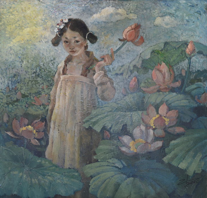 Painting titled "Lotus Garden" by Jinzuo, Original Artwork, Oil